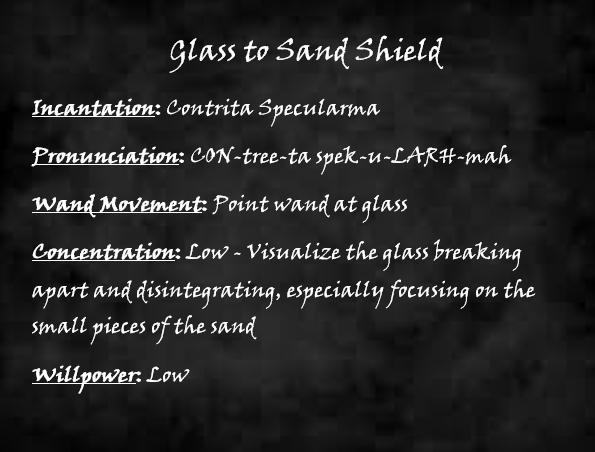 Spellblock. Glass to Sand Shield. Incantation - Contrita Specularma. Pronunciation - CON-tree-ta spek-u-LARH-mah. Wand Movement - Point wand at glass. Concentration - Low - Visualize the glass breaking apart and disintegrating, especially focusing on the small pieces of the sand. Willpower - Low.